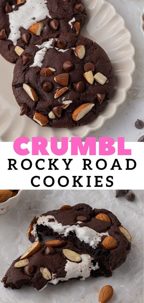 Crumbl Rocky Road Cookie, Crumbl Cookie Copycat Rocky Road, Rocky Road Crumbl Cookie, Dark Chocolate Marshmallow, Better Than Crumbl Cookies, Rocky Road Cookies Recipe, Crumbl Recipes, Crumbl Cookie Copycat, Crumbl Copycat