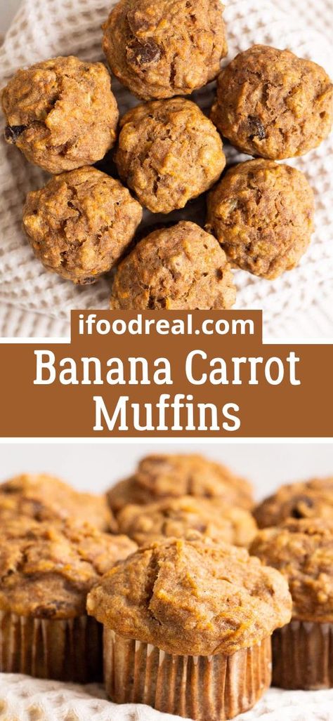 Banana Carrot Muffins made with whole wheat flour, shredded carrots and ripe bananas are light, fluffy, and moist. A healthy muffin recipe the entire family will love! Carrot Banana Muffins, Morning Glory Muffins Healthy, Carrot Muffin Recipe, Banana Carrot Muffins, Healthy Muffin, Carrot Muffins, Flour Alternatives, Shredded Carrots, Healthy Muffin Recipes