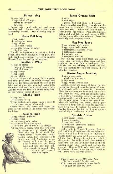 Old Time Recipes, Spanish Cream, Orange Fluff, Southern Cookbook, Orange Icing, Icing Recipes, Cake Frosting Recipe, Southern States, Heirloom Recipes