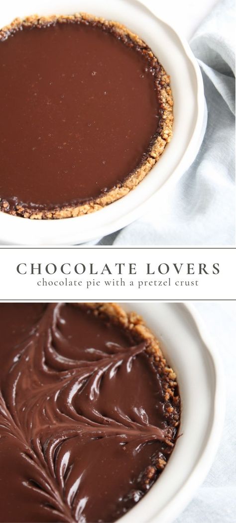 This 5 ingredient chocolate pie recipe with a pretzel crust is the perfect duo! The simplicity of this easy chocolate pie makes it great for any occasion! #chocolate #chocolatepie #easydessert #christmasdessert #thanksgivingpie #holiday #pretzelcrust Chocolate Pie With Pretzel Crust, Pretzel Crust Pie Recipes, Pies With Pretzel Crust, Pretzel Crust Pie, Pretzel Crust Dessert, Chocolate Pretzel Dessert, Pretzel Pie Crust Recipes, Chocolate Pretzel Pie, Pretzel Pie Crust