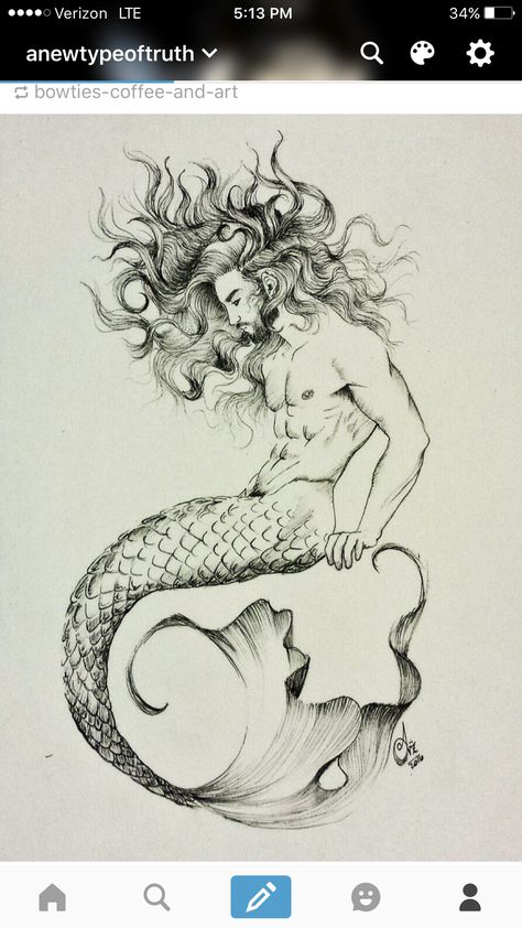 Merman Tattoo, a little thicker tail and he would match my mermaid perfect! Deep oranges, yellows, greens for the tail possibly Merman Tattoo, Mermaid Artwork, Mermaid Drawings, Mermaid Tattoo, Mermaid Tattoos, White Drawing, Mermaids And Mermen, Mermaid Life, Desenho Tattoo