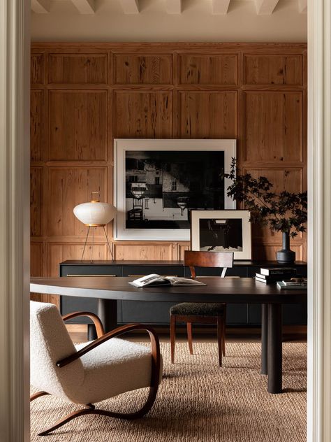 Masculine Modern Office, Wooden Wainscoting, Kitchen Sitting Room, Living Hall, Popular Decor, Transitional Living, Transitional Living Rooms, Office Room, A Desk