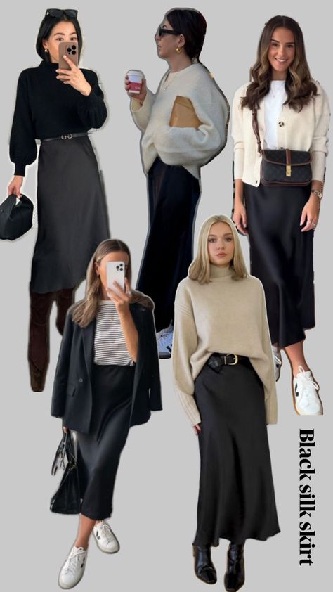 Capsule wardrobe items with a black silk skirt + sweater + belt + boots OR Switch out for white sneakers + neutral cardigan Silk Skirt Sweater, Sneakers Neutral, Neutral Cardigan, Belt Boots, Pear Shapes, Black Silk Skirt, Skirt Sweater, Pear Body, Pear Body Shape