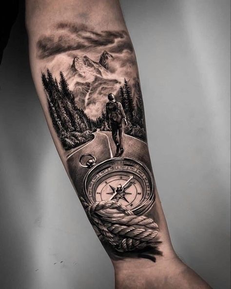 Mountain Sleeve Tattoo, 44 Tattoo, Natur Tattoo Arm, Wilderness Tattoo, Arm Tattoos For Guys Forearm, Nature Tattoo Sleeve, Country Tattoos, Realistic Tattoo Sleeve, Hiking Tattoo