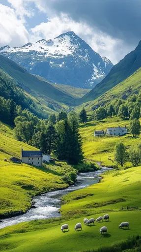 ↑↑↑ Larger size on website 🔸 A picturesque valley nestled between snow-capped mountains, with a winding river flowing through lus 🔸 From Midjourney AI Image Small White House, Winding River, Flock Of Sheep, River Flowing, Mountain Valley, Fluffy Clouds, House Sitting, Snow Caps, Lush Green