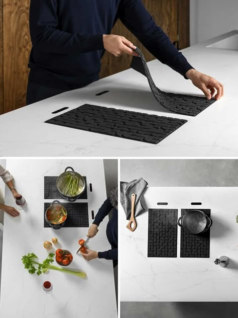 Imagine if you could take your induction stovetop off the counter and toss it in a drawer. Well, you can. Lapitec, an Italian company, has developed a way of hiding the induction cooktop underneath the stone kitchen counter. To use it, all you need is to place the silicone mats at their designated spots, fire them up, and cook. Hidden Stove Top, Stove In Countertop, Sink And Cooktop On Same Wall, Induction Cooktop Kitchen Design, Hidden Cooktop, Induction Cooktop Cover, Invisible Stove Top, Cook Top In Island, Hidden Induction Stove Top