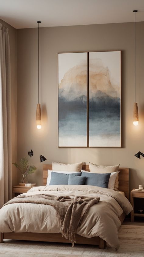 Beige White Blue Bedroom, Brown And Blue Bedding, Brown And Blue Bedroom Ideas, Blue And Tan Bedding, Earthy Blue Bedroom, Navy Blue And Brown Bedroom, Cool Tone Bedroom, Bed Color Combinations, Minimalist Bedroom Blue