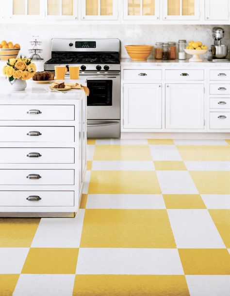 Mint Green Furniture, Blue Floor Tile, Marmoleum Floors, Plywood Flooring, Yellow Tile, Patterned Floor Tiles, Linoleum Flooring, Yellow Kitchen, Kitchen Floor