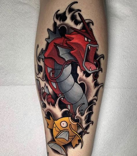 Pokémon Magikarp evolution into shiny Gyrados in New School tattoo style. Gyrados Pokemon Art, Gyrados Pokemon Tattoo, Magikarp Tattoo, Pokemon Magikarp, Playstation Tattoo, Pokemon Sleeves, Pokemon Tattoos, Video Game Tattoos, Pikachu Tattoo