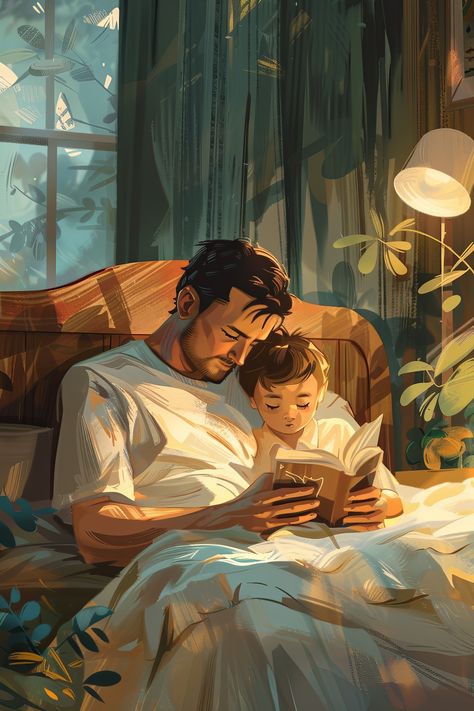 heartwarming illustration in a flat cartoon art style that captures a peaceful bedtime story. Picture a serene scene where a father peacefully sleeps, while his young son sits beside him, engrossed in a book. This artwork beautifully portrays the bond between father and son, radiating warmth, safety, and love. The cozy setting and soft lighting evoke a sense of tranquility, perfect for early mornings or evenings Father Love Images, Father And Son Art, Dad Son Photography, Bad Father, Father Art, Father Time, Parenting Inspiration, Fell Asleep, Baby Drawing