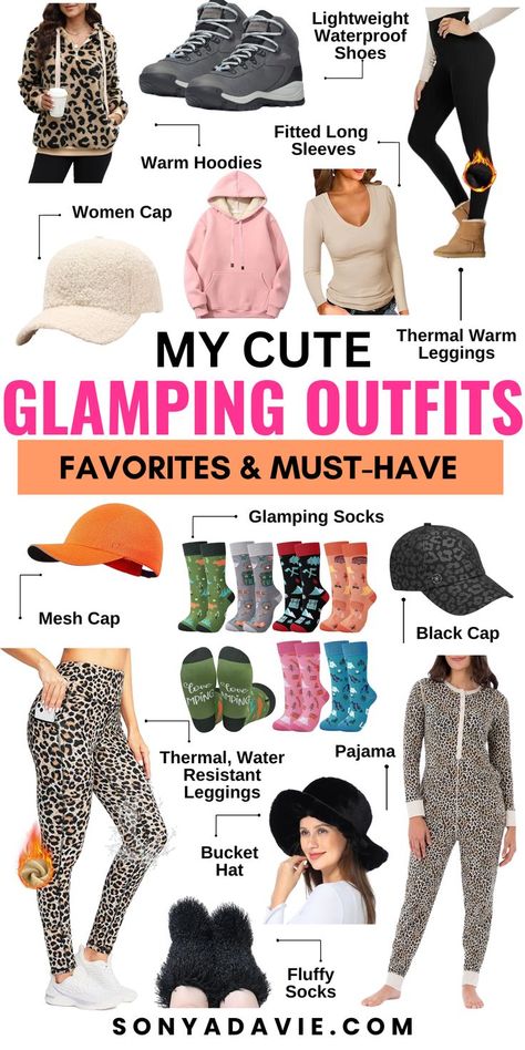 Looking for the perfect glamping outfit? Whether you want a cozy winter vibe or a touch of glam, explore outfit ideas that blend style with comfort. From glam outfits with an outdoorsy twist to aesthetic glamping looks, find inspiration for your next adventure. Click for glamping outfits that help you dress to impress while staying warm! Glamping Outfits For Women, Glamping Outfit, Fluffy Socks, Glam Outfit, Cozy Jacket, Cute Leggings, Waterproof Shoes, Outfits For Women, Black Cap