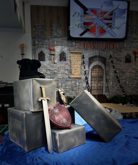 Medieval Stage Design, Armour Of God Decorations, Armor Of God Trunk Or Treat, Armor Of God Decoration Ideas, Castle Theme Classroom, Gladiator Party, Castle Vbs, Kingdom Vbs, Kids Church Decor