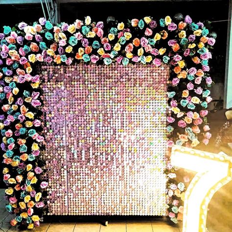 Rainbow round sequin shimmer wall with rainbow flowers backdrop. Shimmer Wall Backdrop, Flowers Backdrop, Shimmer Wall, Wall Backdrops, Flower Backdrop, Rainbow Flowers, Sequin, Rainbow, Frame