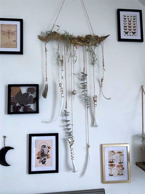 Handcrafted animal bone wall hanging made with primarily local resources gathered from forests within Central VT. My practice is very much in apprecitation of the forest and all life within it. The collecting and curating of earthly materials is an act of gratitude and an exercise in connection to the natural world. Crafts With Animal Bones, Bone Wall Hanging, Crafts With Bones, Bone Macrame, Bone Art Diy, Bones Decoration, Animal Bone Art, Bone Display, Oddities Art