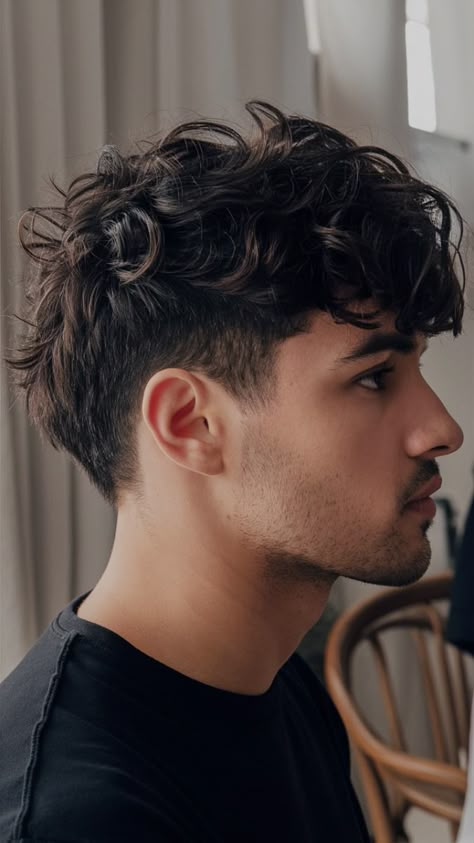 The high fade starts just above the temple area, and the natural curl pattern adds coil-shaped curls on top. The sharp sides are a nice twist compared to the unruly top, making it ideal. Short Side Curly Top Men, Men Long On Top Short On Sides, Curly Top Short Sides Men, Short Sides Curly Top Men, Haircuts For Medium Hair Men Curly, Men Hairstyles For Curly Hair, Taper Fade Wavy Hair Men, Hairstyles For Men Curly Hair Short Wavy, Men’s Medium Length Hairstyle