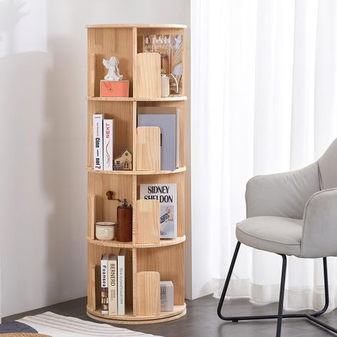 PRICES MAY VARY. 【360° Rotating Bookshelf】: Our rotating floor standing bookshelf has a steel column bearing swivel chassis, which is stable and sturdy, allowing you to rotate 360° easily. With a wide chassis and not easy to break, it has a strong load-bearing capacity of 110 pounds. The steel ball rotates 360°, which is safe, quiet and smoother. 【High Quality Material】: This circular bookshelf rotating is made of natural solid wood, which is durable and wear-resistant, no paint, no odor and not Library Room Ideas Modern, Spinning Bookshelf Diy, Circular Bookshelf, Boho Library Room, Modern Library Room, Diy Rotating Bookshelf, Library Room Cozy, Rotating Bookshelf, Rotating Book Shelf