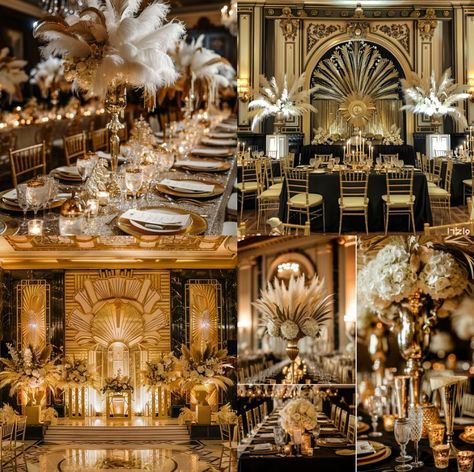 Comprehensive List of 33+ Wedding Themes & Ideas - Yeah Weddings Art Deco Wedding Venue Receptions, 1920s Wedding Theme Gatsby, 1920s Wedding Reception, The Great Gatsby Wedding Theme, Romantic Vintage Wedding Decorations, Formal Wedding Theme, Speakeasy Wedding Reception, Mafia Wedding Aesthetic, Art Deco Wedding Venue