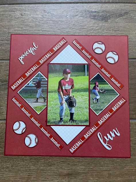 Scrapbook Baseball Layouts, Sports Scrapbook Pages, Baseball Scrapbook Pages, Baseball Scrapbook Layouts Ideas, Softball Layouts, Baseball Scrapbook Layouts, Baseball Layouts, Sports Layout, Baseball Scrapbook