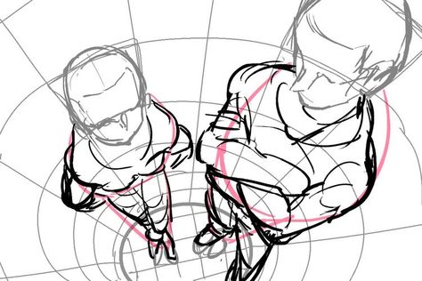 Overhead Drawing Reference, Perspective Drawing Person Reference, Top View Perspective Reference, Up To Down Perspective Drawing, Art In Perspective, Fisheye Pose Reference Drawing, Two People Perspective Reference, Perspective Art Drawing, Dynamic Poses Reference Perspective