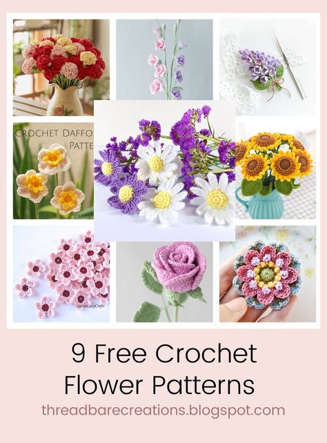 9 Free Crochet Flower Patterns - Threadbare Creations Free Crocheted Flowers Patterns, Crochet Thread Flowers, Crochet Thread Flowers Free Pattern, Crochet Patterns Flowers Free, Crochet Bouquet Flowers Free Pattern, Free Crochet Patterns For Flowers, Crochet Thread Patterns Free Size 10, Crochet Small Flowers Free Pattern, Free Crochet Flower Patterns Easy