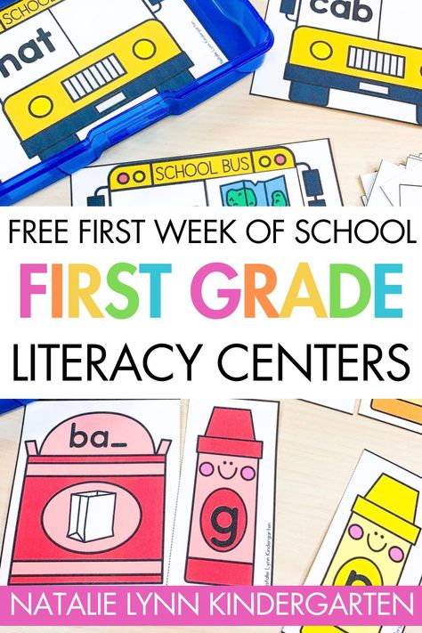 First grade teachers, grab these FREE first week of school center activities to make planning your back to school centers so much easier. Planning centers in first grade can be challenging, especially the first week of school. These fun and engaging free center activities are perfect for the beginning of first grade. They focus on foundational skills for first grade including beginning sounds, ending sounds, CVC words, and color words. Grab these free centers for first grade here. First Grade Center Ideas, First Week Of First Grade, Centers For First Grade, First Grade Centers, Learn To Read Kindergarten, 1st Grade Centers, First Grade Back To School, Centers First Grade, Instructional Activities