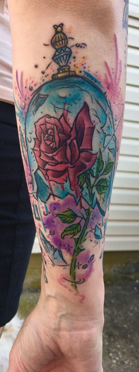 Beauty and the Beast Rose and glass dome tattoo I just got ... "Breaking the spell" I'm soooo in love with it!!  It's the newest addition to my sleeve and disney tattoos! Beauty And The Beast Rose Tattoo, Bushido Tattoo, The Beast Tattoo, Beast Tattoo, Disney Tattoo Ideas, Beauty And The Beast Tattoo, Disney Sleeve, Fantasy Figures, Disney Tattoo