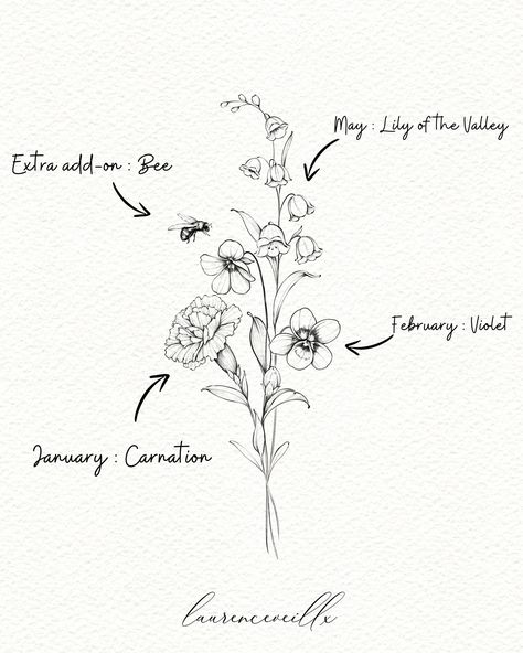 Custom birth month flowers tattoo design ♡💐 Get your family, your kids, your siblings or simply your own birth flower bouquet tattoo ♡ This is a beautiful way to symbolize your loved ones ♡ Choose the months and I will create a delicate flower bouquet in less than 48 hours! You can also choose some extra add-ons like a bee, a butterfly and more ♡ Click link in bio to access to my service on my Etsy shop, or click link in my story now ♡ #tattoodesign #birthflowertattoo #birthmonthflowers #fl... Birth Flower Chart Tattoo, Birth Flower Line Tattoo, Birth Flower Tattoos For Kids, 2 Birth Flower Tattoo Ideas, Sibling Flower Tattoo, Flowers Bee Tattoo, February And September Flower Tattoo, Three Birth Flowers Tattoo, Birthflower May Tattoo