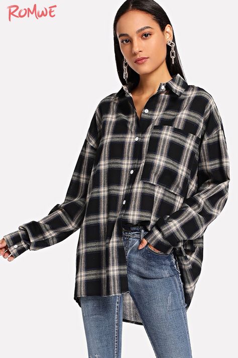 Free Shipping Over $39+ Search ID:435876 Curved Hem Shirt, Casual Blouse Shirts, Hipster Design, Plaid Cardigan, Cotton Clothing, Cardigan Shirt, Shirt Blouses Tops, Athleisure Outfits, Boyfriend Shirt