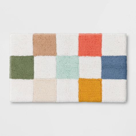 Bring a pop of color to their bath space with this Checkered Bath Rug from Pillowfort™. This medium-pile bath rug is made from 100% tufted cotton fabric to feel soft and provide cozy comfort underfoot. Showcasing a multicolor checkered print, it's sure to add fun style to their bathroom decor. Guest Kids Bathroom Ideas, Apt Bathroom Decor, Pop Art Bathroom Ideas, Checkered Bathroom Decor, Kids Bathroom Inspiration, Yellow And Blue Bathroom, Checkered Bath Mat, Toddler Boy Bathroom, Boys Bathroom Ideas Kid Decor