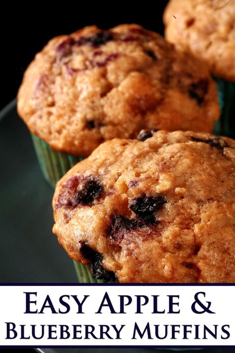 A plate of apple blueberry muffins. Apple Blueberry Muffins, Blueberry Crumble Muffins, Blueberry Muffins Recipe, Apple Blueberry, Applesauce Muffins, Blueberry Pie Filling, Apple Cinnamon Muffins, Berry Muffins, Cranberry Muffins