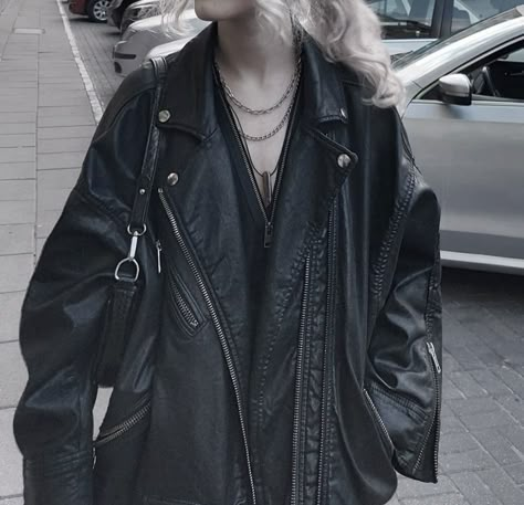 Grunge Fairycore Coats & Jackets, Black Leather Jacket Outfit Grunge, Alt Jacket Outfits, Big Jacket Outfits Black, Outfits With Big Leather Jackets, Grunge Coat Winter, Big Leather Jacket Outfit Aesthetic, Grunge Jacket Outfit, Leather Jacket Alt Outfit