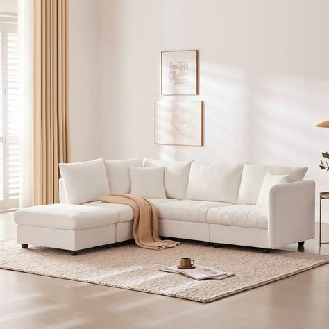 Linen L-shape Sectional Sofa w/ Ottoman, Vertical Stripes Modular Sofa - On Sale - Bed Bath & Beyond - 40203082 Modern Sectional Sofa, White Sectional, Fabric Sectional Sofas, 2 Pillows, Modern Sofa Sectional, Couch Set, Fabric Sectional, Sectional Sofa Couch, Modular Sectional Sofa