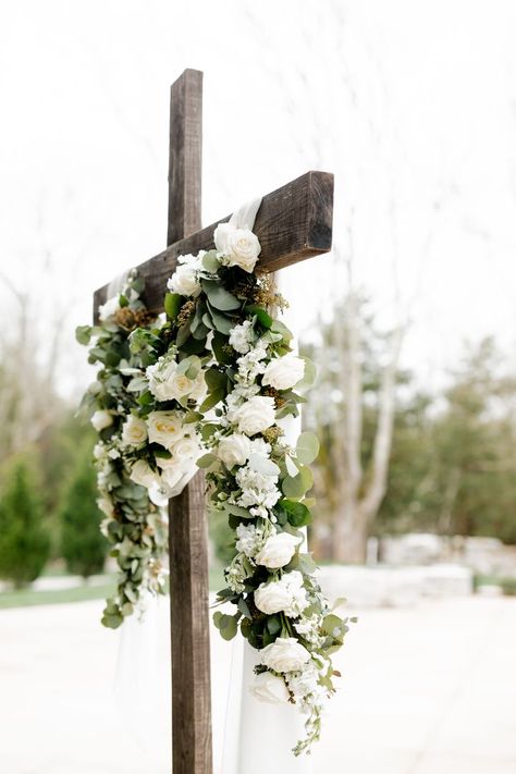 You can't go wrong with a simple floral garland; for a ceremony backdrop or reception table centerpiece! Ceremony Cross, White And Green Wedding Flowers, Flower Decor Ideas, Flowers Wedding Ceremony, Wedding Flower Decor, Cross Flowers, Reception Table Centerpieces, White And Green Wedding, Green Wedding Flowers