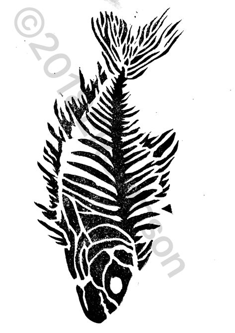 Fish fossil skeleton Lino print Fossil Linocut, Fish Skeleton Drawing, Fossil Ideas, Scrollsaw Projects, Lino Design, Linocut Ideas, Printmaking Projects, Fish Skeleton, Fish Bones