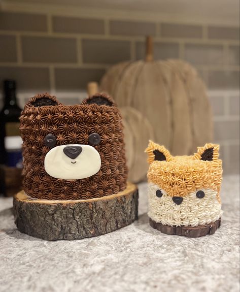 Baking, cake, dessert, baby shower, frosting,, chocolate cake, cute cake, nature theme Fox First Birthday Cake, Fox Themed Cake, Animal Smash Cake, Fox Smash Cake, Woodland Smash Cake, Woodland Creature Cake, Woodland Creatures Cake, Bear Smash Cake, Bear Cake Smash