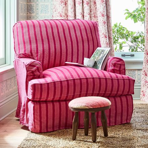 Winnie English Arm Slipcovered Armchair | Greenrow Slipcovered Armchair, Striped Armchair, Cosy Armchair, Home Goods Furniture, House Makeovers, Comfy Armchair, Main Squeeze, Bedroom And Living Room, Pink Chair