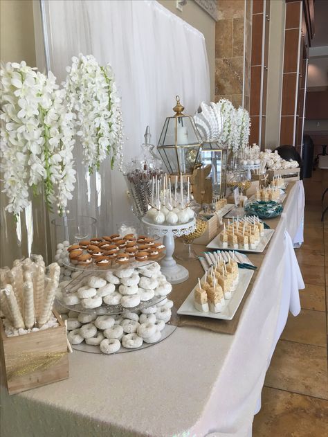 White Sweet Table Ideas, Pearls And Prosecco Dessert Table, Classy Wedding Shower Ideas, Wedding Simple Table Decor, All White Dessert Table, White Sweets Table, White Candy Table, Engagement Party Dinner, White Dessert Tables