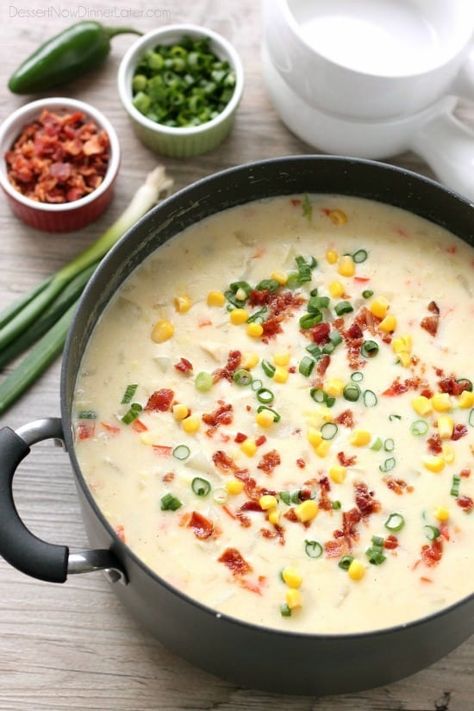 This Creamy Chicken and Corn Chowder is hearty and comforting with generous helpings of chicken, corn, bacon, green onions, potatoes and a slight kick of jalapeño. Chicken And Corn Chowder, Chicken Corn Chowder Recipe, Chicken And Corn, Low Fat Chicken, Chicken Corn Chowder, Green Chili Chicken, Chicken Corn, Creamy Chicken Soup, Corn Chowder Recipe