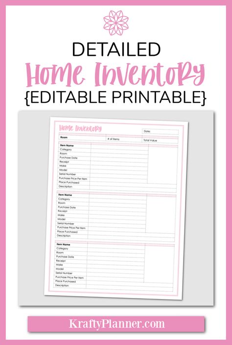 Detailed Home Inventory Add-On {Editable Printable} — Krafty Planner Household Inventory Printable Free, Personal Property Inventory List, Home Inventory List Insurance, Home Inventory List Free Printable, Home Inventory List, Binder Printables Free, Inventory Printable, Financial Budget Planner, Property Insurance