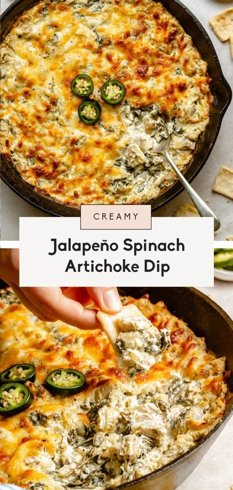 Deliciously creamy jalapeño spinach artichoke dip made with protein-packed greek yogurt and three types of cheese. This easy, fun & spicy twist on traditional spinach artichoke dip is perfect for entertaining and is guaranteed to impress friends and family. Serve with tortilla chips, veggies, crackers and more! #appetizer #dip #vegetarian #snack Creamy Jalapeño Spinach Artichoke Dip, Jalapeno Spinach Dip, Artichoke And Jalapeno Dip, Spicy Artichoke Dip, Jalapeño Artichoke Dip, Jalapeno Artichoke Dip, Artichoke Jalapeno Dip, Spinach And Artichoke Dip Recipe, Best Spinach Artichoke Dip