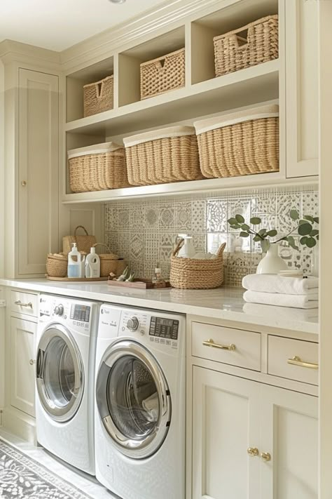 Laundry Room With Seating, Laundry Room Den Combo, Built In Laundry Room Cabinets, Multi Functional Laundry Room, Butlers Pantry Laundry Room Mud Room Combo, Laundry Room And Office Combo, Laundry Interior Design, Pretty Laundry Room, Chic Laundry Room