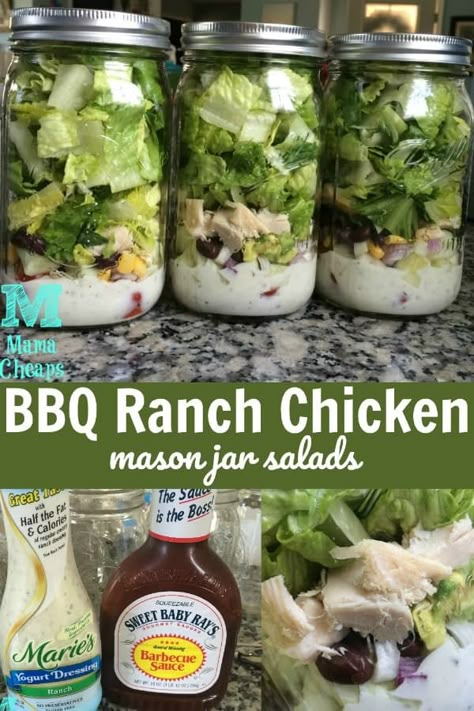 BBQ Ranch Chicken Mason Jar Salads | Mama Cheaps® Mason Jar Lunch Ideas Make Ahead, Salad Recipes Mason Jar, Grinder Salad Sub In Mason Jar, Mason Jar Salad Meal Prep, Mason Jar Chicken Ceasar Salad, Ball Jar Salads, Upside Down Salad Jar, Mason Jar Fruit Salad, Mason Jar Cobb Salad