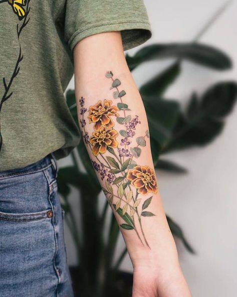 Floral Tattoo Ideas, Wildflowers Tattoo, Colorful Flower Tattoo, Lavender Tattoo, Wildflower Tattoo, Flower Tattoo Arm, Floral Tattoo Sleeve, Plant Tattoo, Flower Tattoo Sleeve