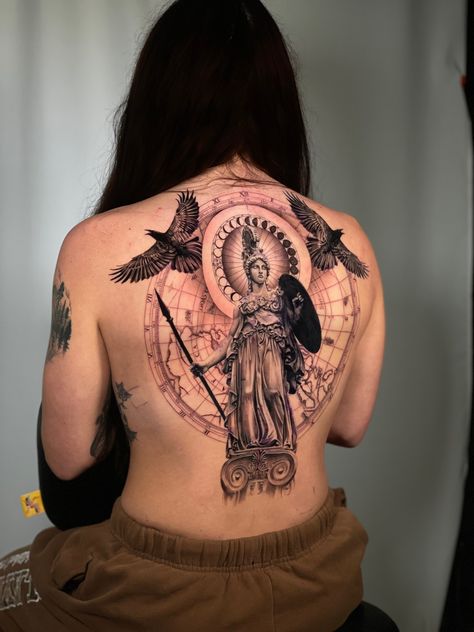 #microrealism Athena Back Tattoo, Back Tattoo Realism, Athena Goddess Tattoo, Athena Tattoo, Brazilian Tattoo, Full Back Tattoo, Tattoo Realism, Goddess Athena, Goddess Tattoo