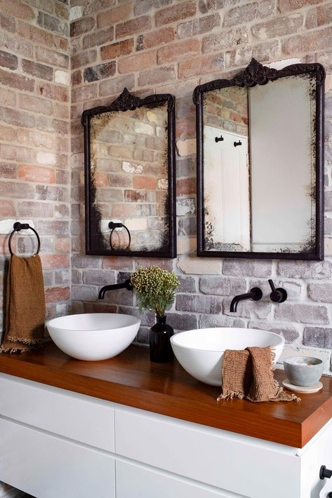 Earthy and eclectic, this charming federation cottage home on Sydney's North Shore is a melange of cultures, character, vintage treasures and cosy textures. Baie Vintage, Brick Bathroom, Brick Accent Walls, Brick Look Tile, Eclectic Cottage, Basement Living, Brick Interior, Exposed Brick Walls, Brick Tiles