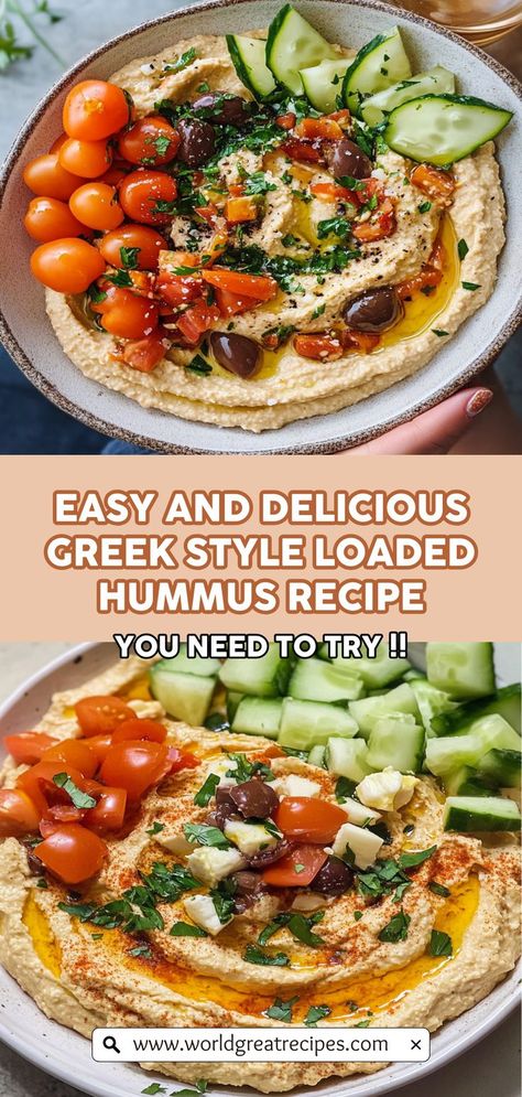 Impress your friends and family with this easy-to-make Greek Style Loaded Hummus that transforms a classic dip into a Mediterranean masterpiece. With simple ingredients like chickpeas, garlic, and fresh lemon juice, this recipe is not only delicious but also quick to prepare. Top it with colorful veggies and crumbled feta cheese for an eye-catching presentation. Perfect for gatherings, movie nights, or healthy snacking, this loaded hummus will become your go-to recipe for any occasion! Hummus And Tzatziki Dip, Greek Hummus Recipe, Mediterranean Hummus Recipe, Hummus And Pita Bread, Loaded Hummus, Mediterranean Hummus, Quick Easy Family Meals, Hummus Platter, Diy Butter