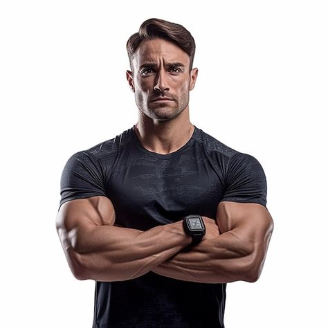 Premium Photo | A man with a watch on his shirt stands with his arms crossed. Crossed Arms, Premium Photo, High Quality Images, A Man, High Quality, Quick Saves