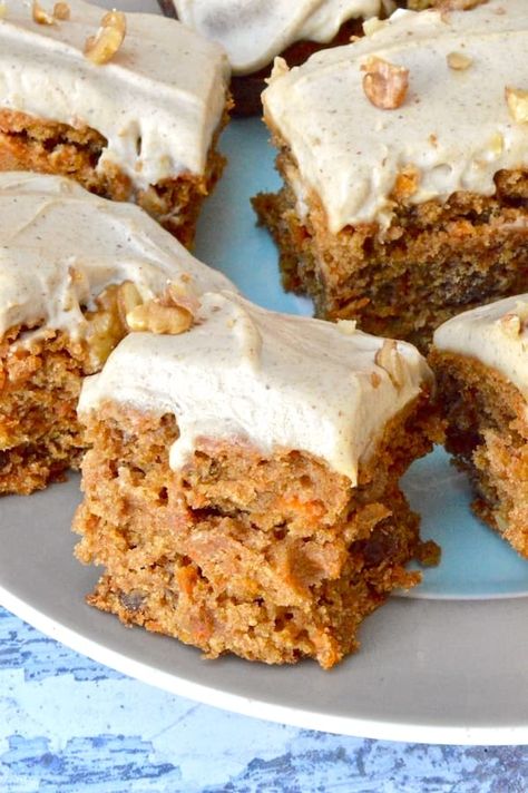 Healthy Vegan Carrot Cake with Cashew Icing | Tin and Thyme Carrot Cake Traybake, Carrot Cake Icing, Dairy Free Carrot Cake, Carrot Cake Topping, Vegan Carrot Cake Recipe, Cake Bars Recipe, Vegan Carrot Cake, Spring Recipes Dessert, Healthy Carrot Cakes