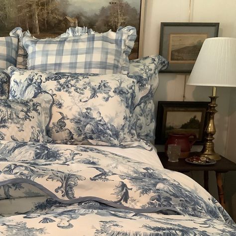 Bambi ~ May Hill (@number131) • Instagram photos and videos Diy Bed Skirt, Blue And White Toile, Victorian Bedroom, Blue Bedroom Decor, Blue And White Decor, Blue White Decor, Blue Toile, Patterned Bedding, Small Bedroom Decor