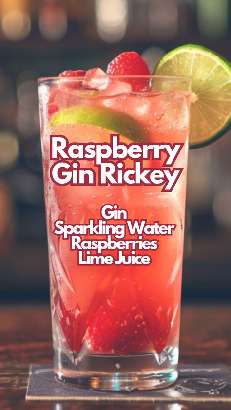 Raspberry Gin Rickey Rhubarb Gin Cocktail, Gin Rickey Recipe, Raspberry Drinks, Rickey Cocktail, Lime Cocktails, Gin Rickey, Medical Remedies, Cocktail Cards, Water Cocktails